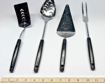 Androck Kitchen Utensil Set 4 Pc Spatula Server Spoon Fork Black Handle Vintage