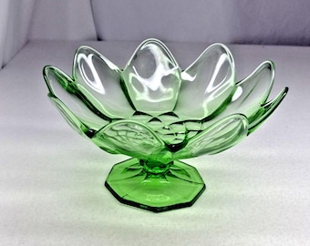 McKee Glass Colonial Lotus #1776 Green Uranium Glass 12.5" Footed Console Bowl