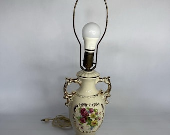 Floral Ceramic Table Lamp Hand Painted French Style Art Deco Vintage