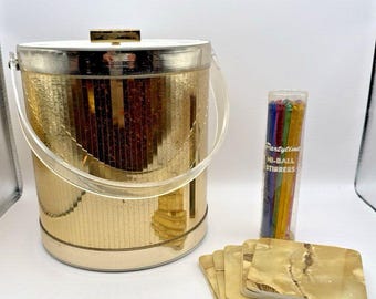 Georges Briard Gold Vinyl MCM Ice Bucket 11" USA With Coasters & Hi-ball Stirrer