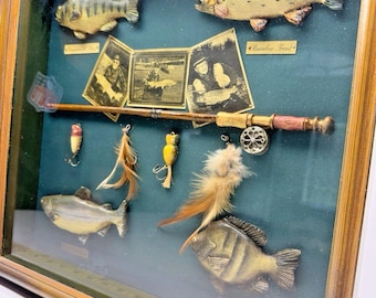 Fishing Shadow Box Display Fish Lures Cabin Decor American Angling Wall Art VTG