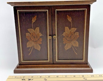 Wooden Jewelry Box Cabinet Floral Inlay 4 Drawer Doors Storage Chest Vintage