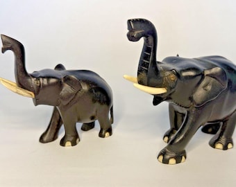 Hand Carved Wood Elephant Figurines Set 2 Black Style Vintage