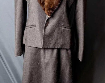 Rizik Bros Vtg Wool Suit Womens Fur Collar Skirt Set Brown Tailored Power Suit