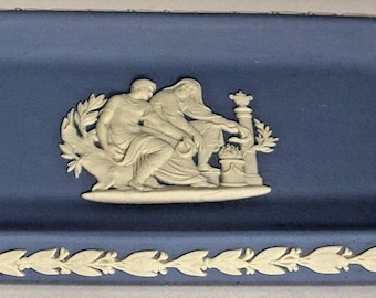 Wedgwood Blue Jasperware Trinket Box & Tray Set Cherub Classical Relief England