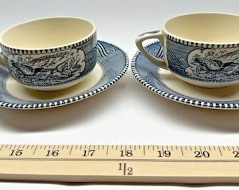 Set Of 2 Royal China Currier Ives Cups & Saucers Stagecoach Steamboat