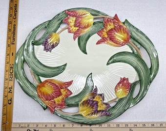 Plato ovalado vintage Fitz Floyd Tulip Swan de 16 pulgadas con diseño floral pintado a mano.
