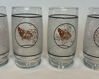 Frosted Glass Tumblers Set 4 Butterfly Floral Asian Etched Gold Drinkware VTG