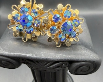 Blue AB Rhinestone Earrings Gold Tone Filigree Screw Back Clip On Vintage