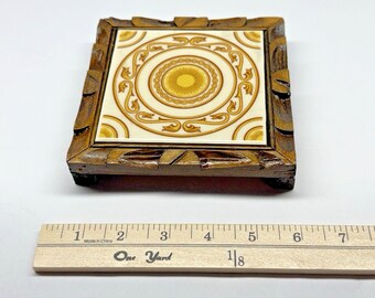 Mexican Tile Trivet Wood Frame Yellow Brown Handcrafted Kitchen Decor Vintage