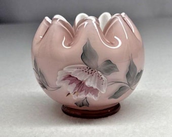 Fenton Hand Painted Pink Rose Bowl Vase Signed Ruffled Art Glass Dusty Rose