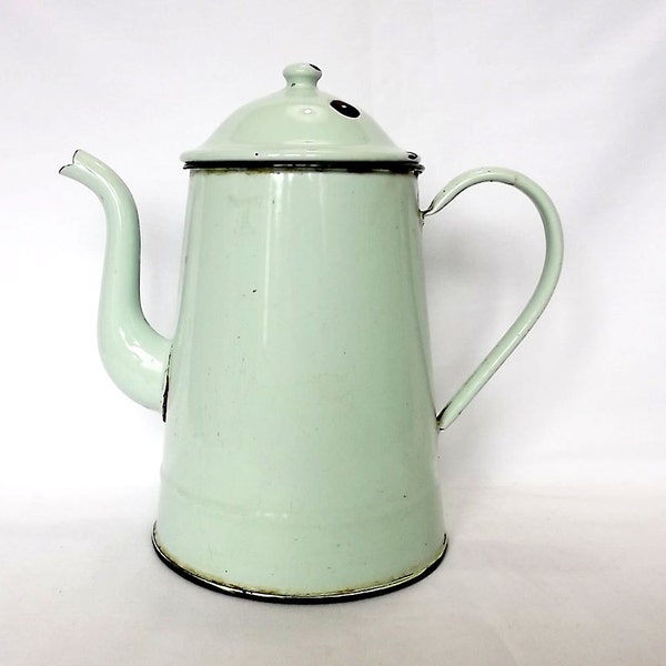 Vintage French enamel coffee pot in pale mint green