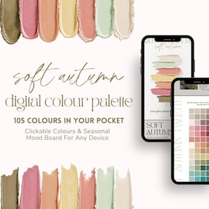 May include: A digital color palette titled "soft autumn" with 105 colors. The image features color swatches in shades of green, pink, peach, and yellow. Two smartphones display the palette, showcasing its seasonal mood board.