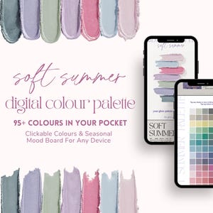 Może przedstawiać: Cyfrowa paleta kolorów "Soft Summer" z próbkami pastelowych kolorów. Obraz przedstawia odcienie niebieskiego, różowego, zielonego i fioletowego. Dwa smartfony wyświetlają paletę. Tekst brzmi "95+ kolorów w kieszeni" i "Sezonowa tablica nastrojów".