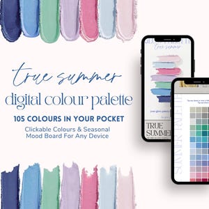 May include: A digital color palette with the text "True Summer" and "105 Colors in Your Pocket." The image features swatches of various colors, including shades of blue, green, pink, and purple. Two smartphones display the palette.