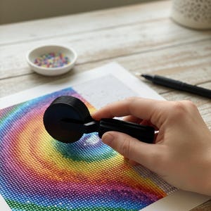 Peut inclure: Un rouleau noir pour peinture diamant est utilisé sur un projet d'art diamant arc-en-ciel coloré. Un petit bol blanc avec des perles colorées et un stylo noir sont également visibles.