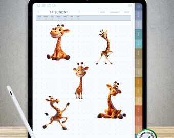 90 divertidas pegatinas de jirafa para GoodNotes: paquete PNG digital precortado