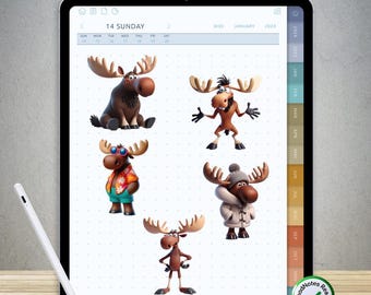 80 divertidas pegatinas de alces para GoodNotes: paquete PNG digital precortado