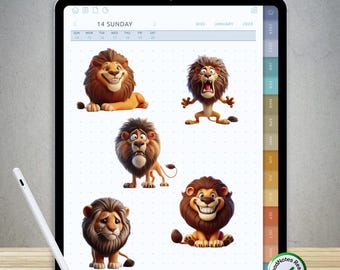 70 divertidas pegatinas de leones para GoodNotes: paquete PNG digital precortado