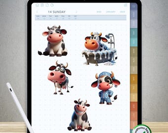 75 pegatinas de vacas para GoodNotes: paquete PNG digital precortado