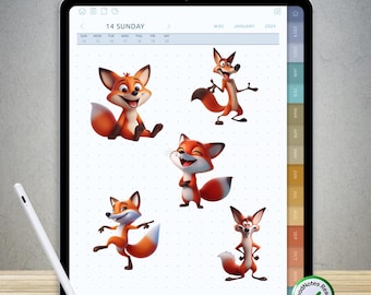 65 pegatinas divertidas de zorros para GoodNotes: paquete PNG digital precortado