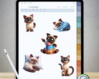 65 divertidas pegatinas de gatos siameses para GoodNotes: paquete PNG digital precortado