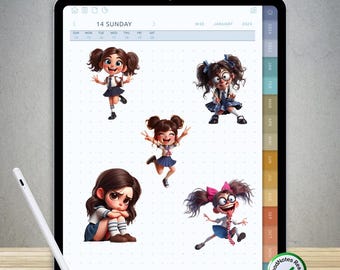 65 Funny Schoolgirl Stickers for GoodNotes – Pre-Cropped Digital PNG Pack
