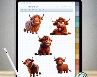 75 pegatinas de vacas de las Tierras Altas para GoodNotes (paquete PNG digital precortado)