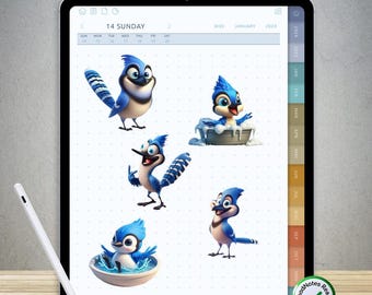 80 divertidas pegatinas de arrendajo azul para GoodNotes: paquete PNG digital precortado