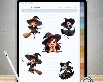 70 pegatinas divertidas de brujas para GoodNotes: paquete PNG digital precortado