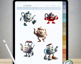 80 Funny Teapot Stickers for GoodNotes – Pre-Cropped Digital PNG Pack