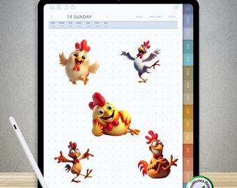 90 pegatinas divertidas de pollos para GoodNotes: paquete PNG digital precortado