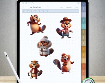 65 divertidas pegatinas de castor para GoodNotes: paquete PNG digital precortado