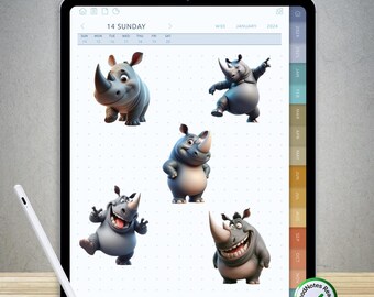 80 divertidas pegatinas de rinoceronte para GoodNotes: paquete PNG digital precortado