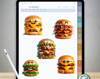 65 pegatinas divertidas de hamburguesas para GoodNotes: paquete PNG digital precortado