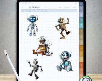 65 divertidas pegatinas de robots para GoodNotes: paquete PNG digital precortado