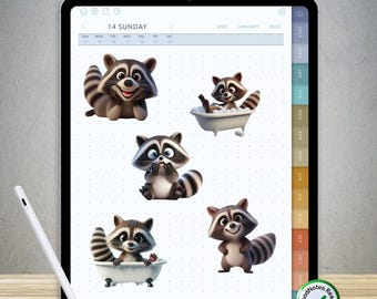 70 lindas pegatinas de mapaches para GoodNotes – Paquete PNG digital prerecortado