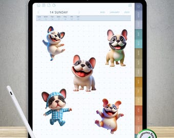 80 divertidas pegatinas de Frenchie para GoodNotes: paquete PNG digital precortado