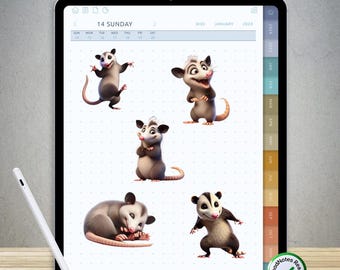 65 pegatinas divertidas de zarigüeyas para GoodNotes: paquete PNG digital precortado