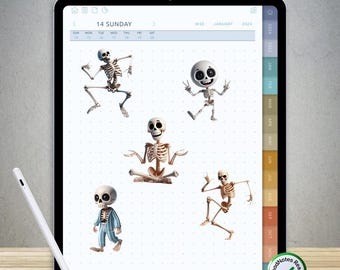 90 divertidas pegatinas de esqueletos para GoodNotes: paquete PNG digital precortado