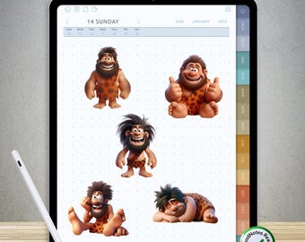 70 divertidas pegatinas de cavernícolas para GoodNotes: paquete PNG digital precortado