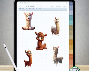 70 divertidas pegatinas de alpaca para GoodNotes: paquete PNG digital precortado