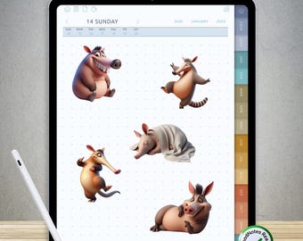 75 pegatinas divertidas de Aardvark para GoodNotes – Paquete PNG digital prerecortado