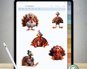 85 divertidas pegatinas de pavo para GoodNotes: paquete PNG digital precortado