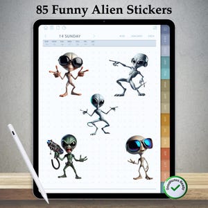 Puede incluir: Un planificador digital en una tableta muestra varias pegatinas de extraterrestres de dibujos animados. Las pegatinas presentan extraterrestres con gafas de sol, sosteniendo armas y en varias poses. El texto "85 Funny Alien Stickers" está en la parte superior.