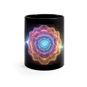 Cosmic Mandala Energy Mug | Spiritual Meditation Cup | Sacred Geometry Black Ceramic | Chakra Healing Art Gift | 11oz