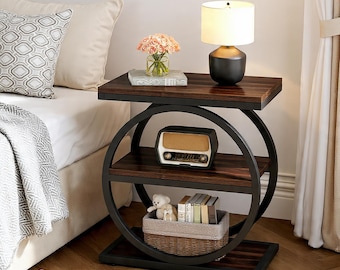 Industrial Wood Side Table with Black Metal Frame, Slim Sofa Nightstand