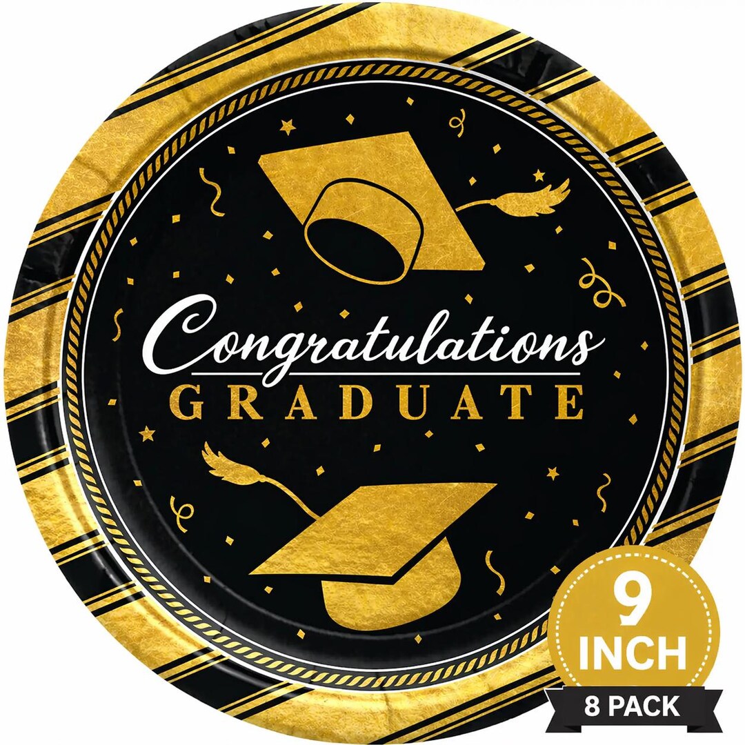 Grad Plate Gold Graduation Party Plates 9in, 8 Pack, Congratulations Graduate ...