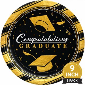 Platos dorados para fiesta de graduación de 23 cm (9 pulgadas), paquete de 8, platos de felicitación para graduados, decoración de graduación en negro y dorado, platos para cenas.