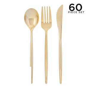 Gold Matrix Plastic Cutlery Set – Chic Disposable Round Forks | Party Tableware | Elegant Party Forks, Spoons, Knives | 60-Piece Set